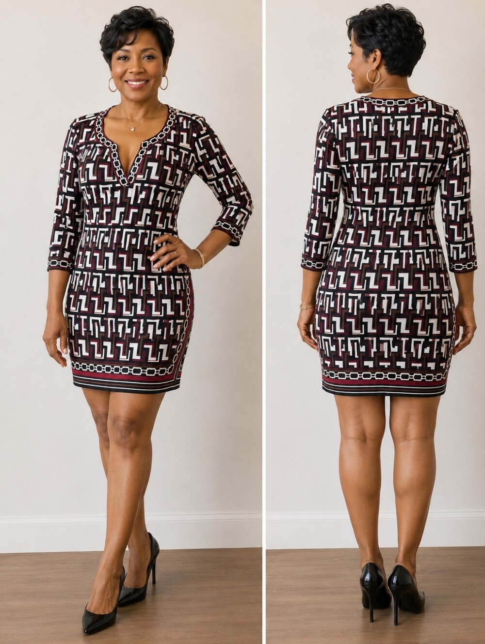 White House Black Market Maroon and Black Geometric Mini Dress. Sz. Xs